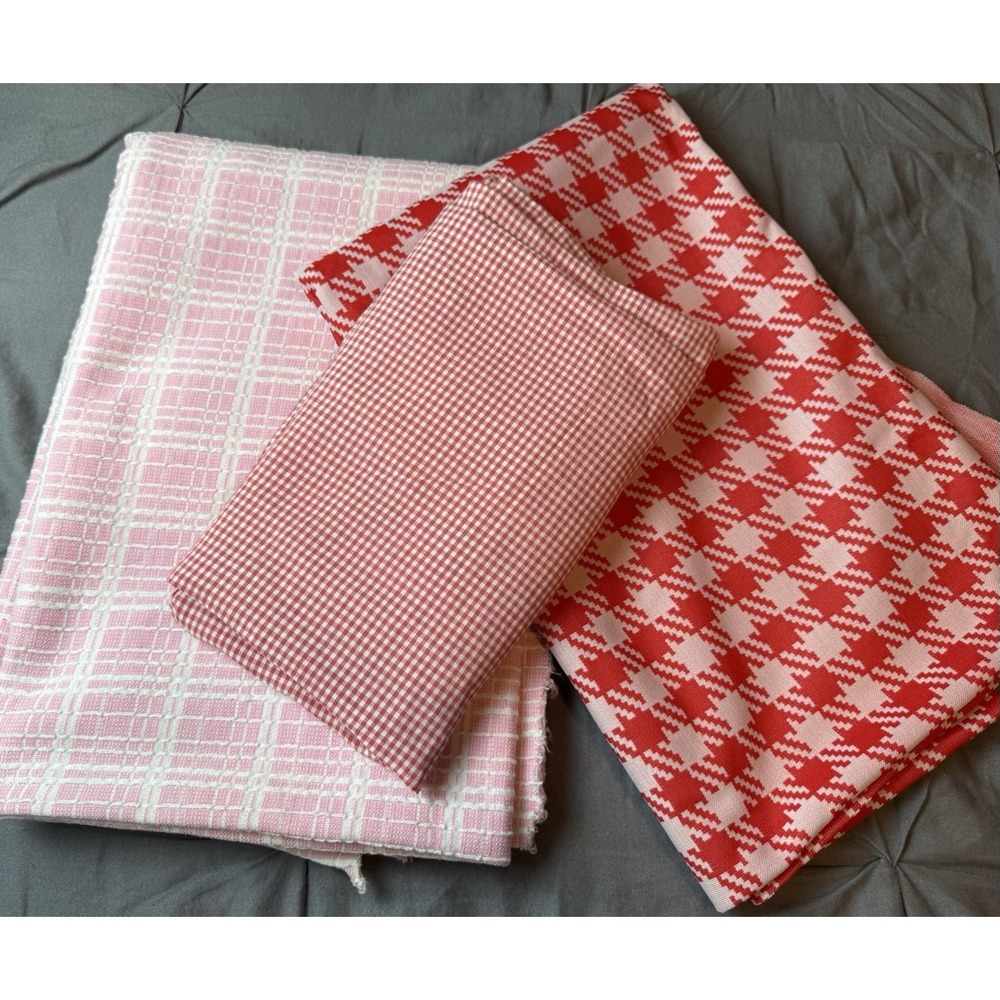 Vintage Woven Textiles Lot Of Red Pink Polyester Fabric Seersucker Texture